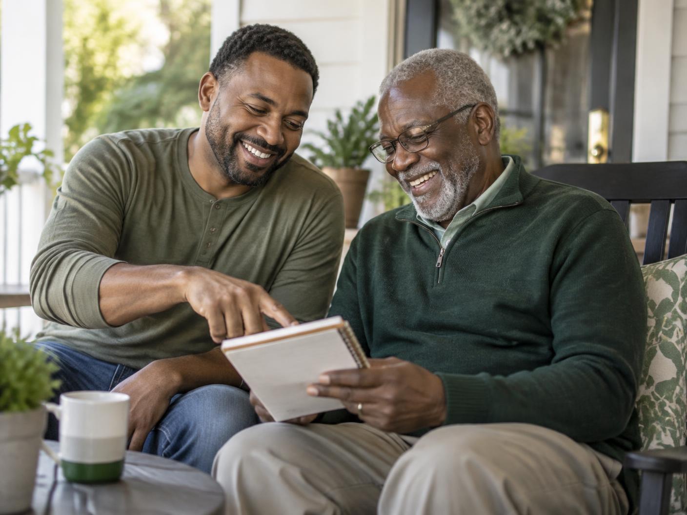 An adult son and his father laughing together while looking through a notebook