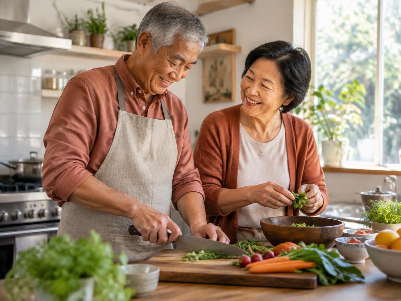 An older married couple preparing a meal together in their kitchen