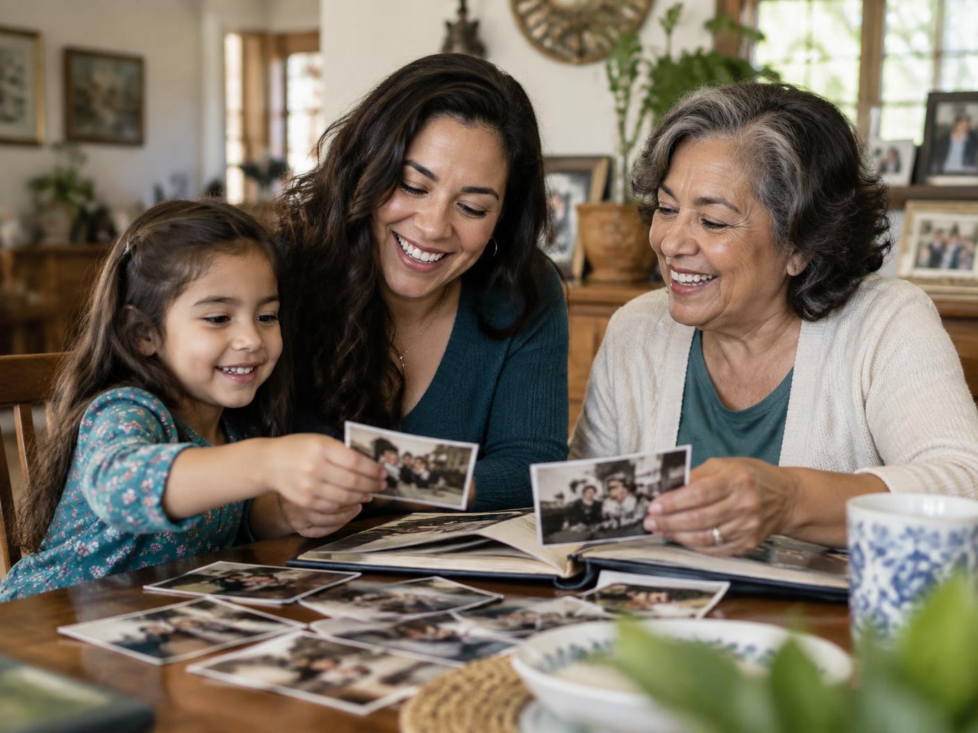 Three generations of a Latino family enjoying photographs together